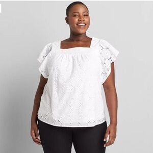 NEW…LANE BRYANT White Eyelet Flutter Sleeve Top